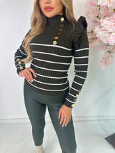 Stripe Gold Button Frill Top - khaki