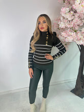 Stripe Gold Button Frill Top - khaki