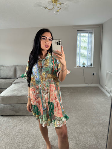PATTERN PLEATED OVERSIZED DRESS - GREEN