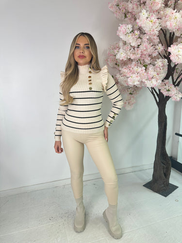 Stripe Gold Button Frill Top - Beige