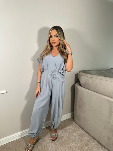 Belted Short Sleeve Jumpsuit - Light Grey