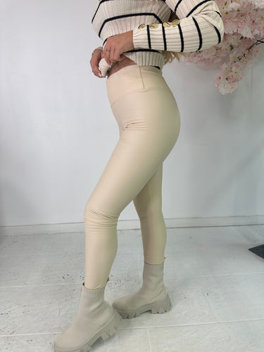 PU Leather Look Leggings - cream