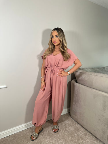 Belted Short Sleeve Jumpsuit - Pink