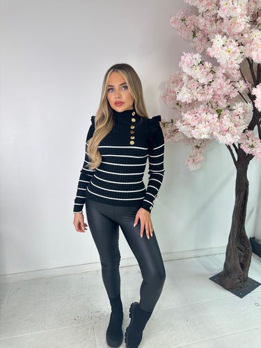 Stripe Gold Button Frill Top - black