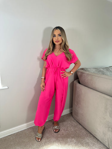 Belted Short Sleeve Jumpsuit - Hot Pink