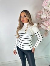 Stripe Gold Button Frill Top - white