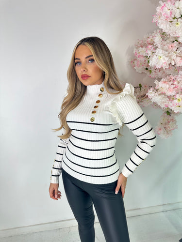 Stripe Gold Button Frill Top - white