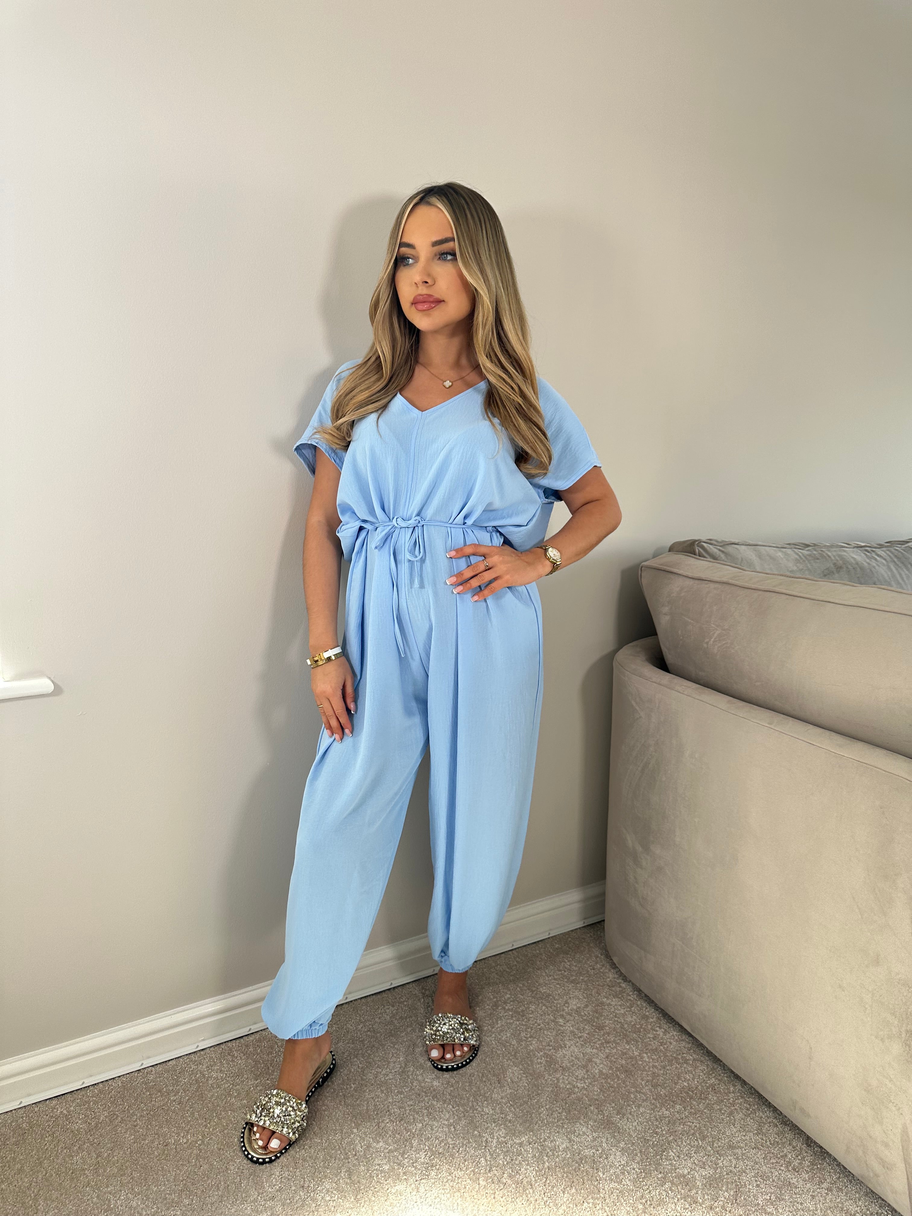 Belted Short Sleeve Jumpsuit - Baby Blue