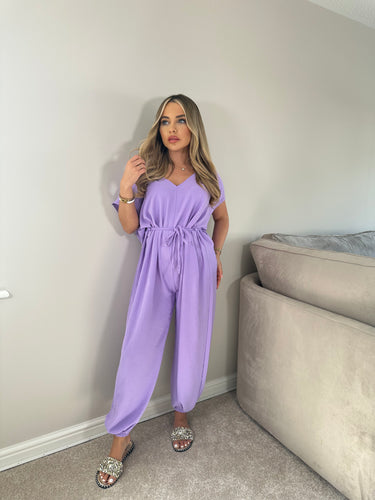 Belted Short Sleeve Jumpsuit - Lilac