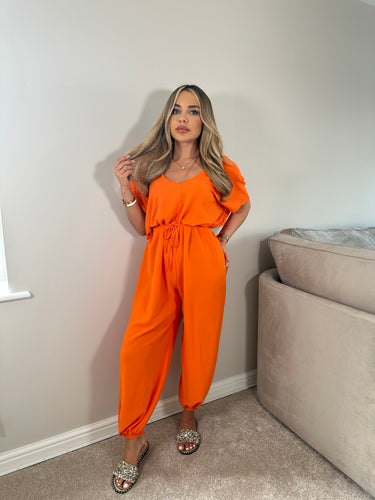 Belted Short Sleeve Jumpsuit - Orange