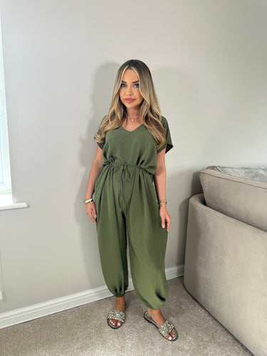 Belted Short Sleeve Jumpsuit - Khaki