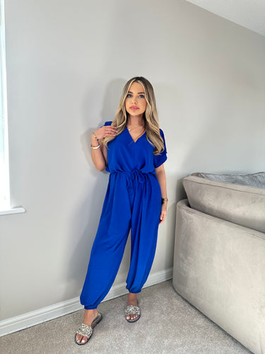 Belted Short Sleeve Jumpsuit - Royal Blue