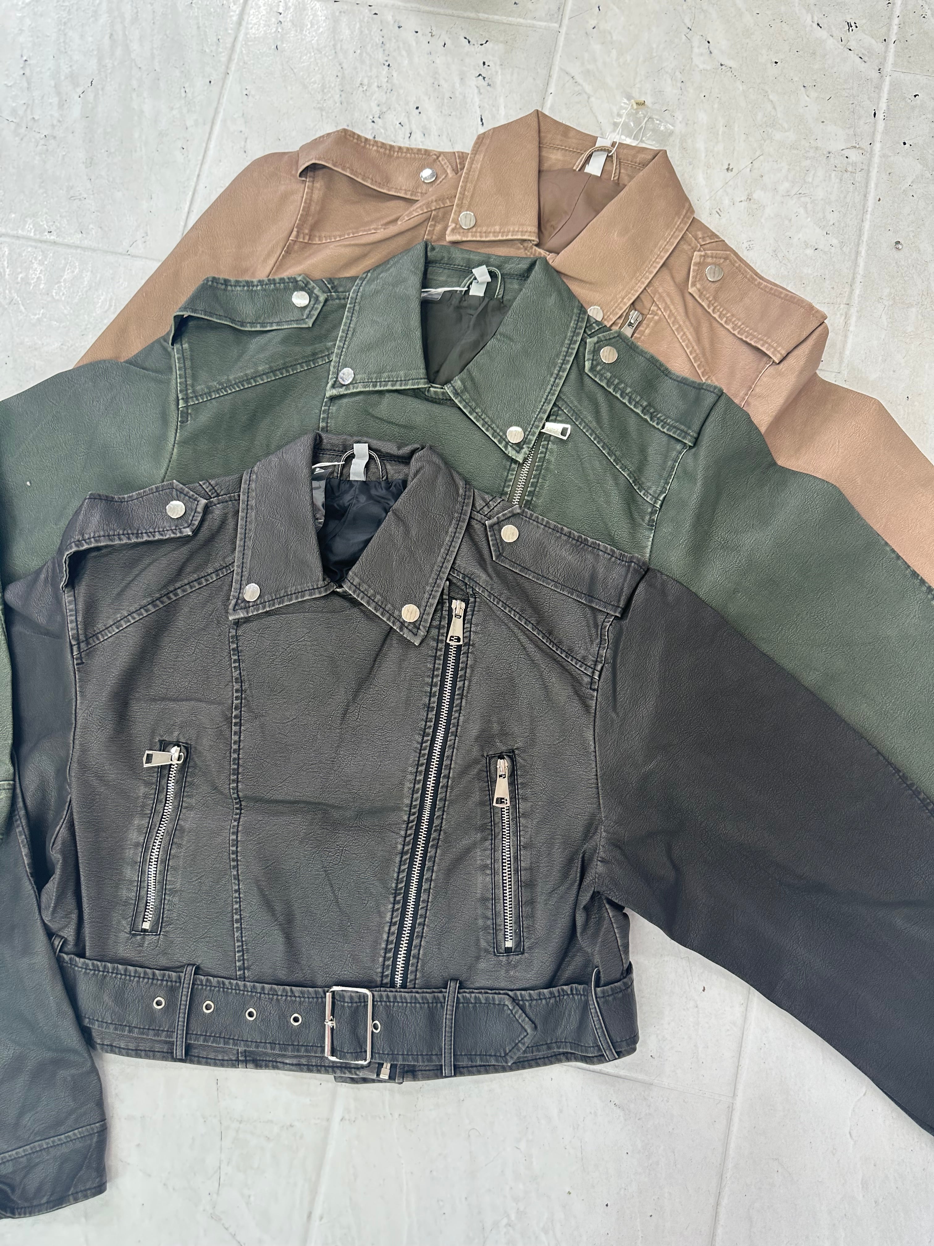 Faux leather belted jacket - khaki