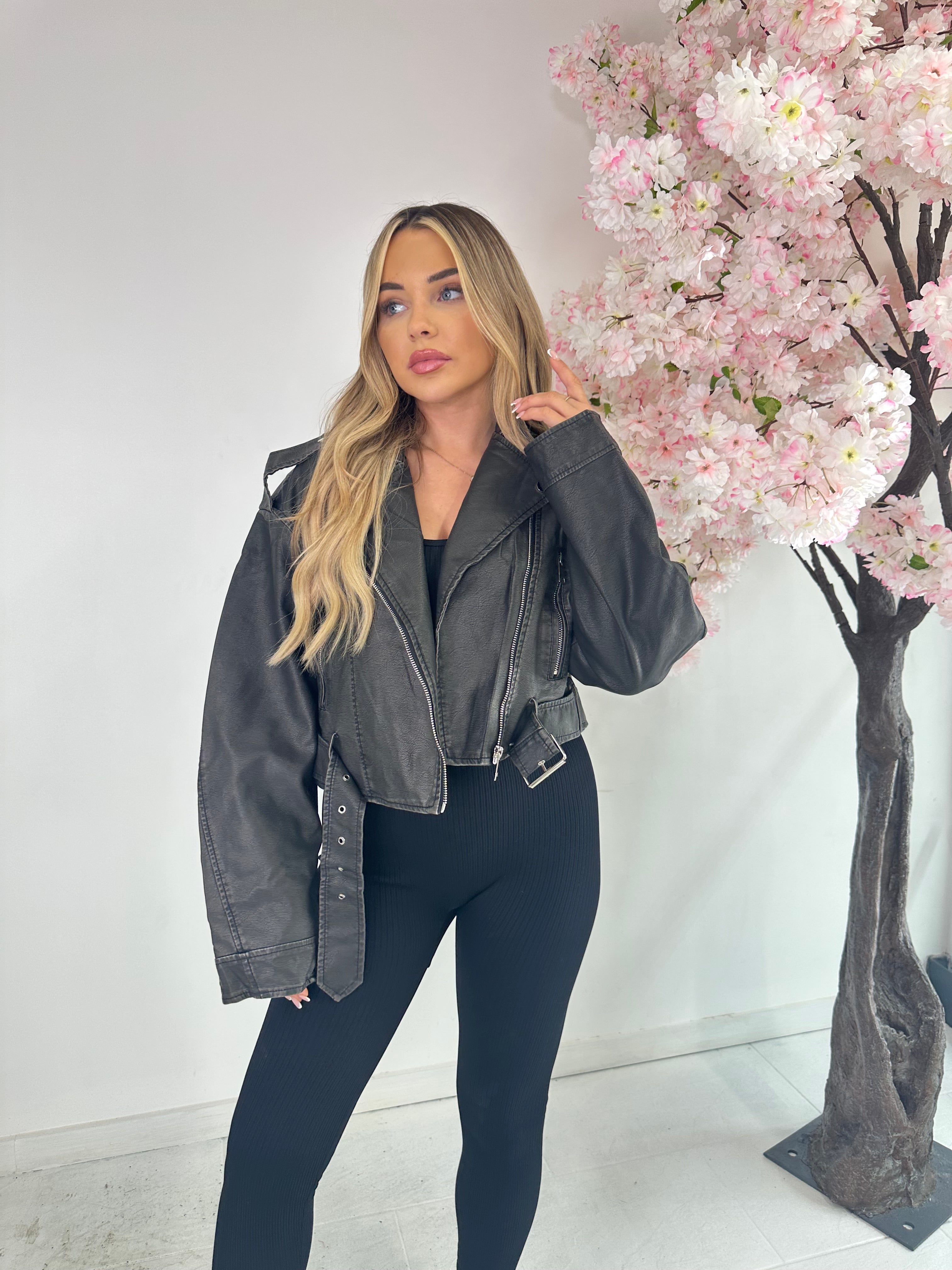 Faux leather belted jacket - black