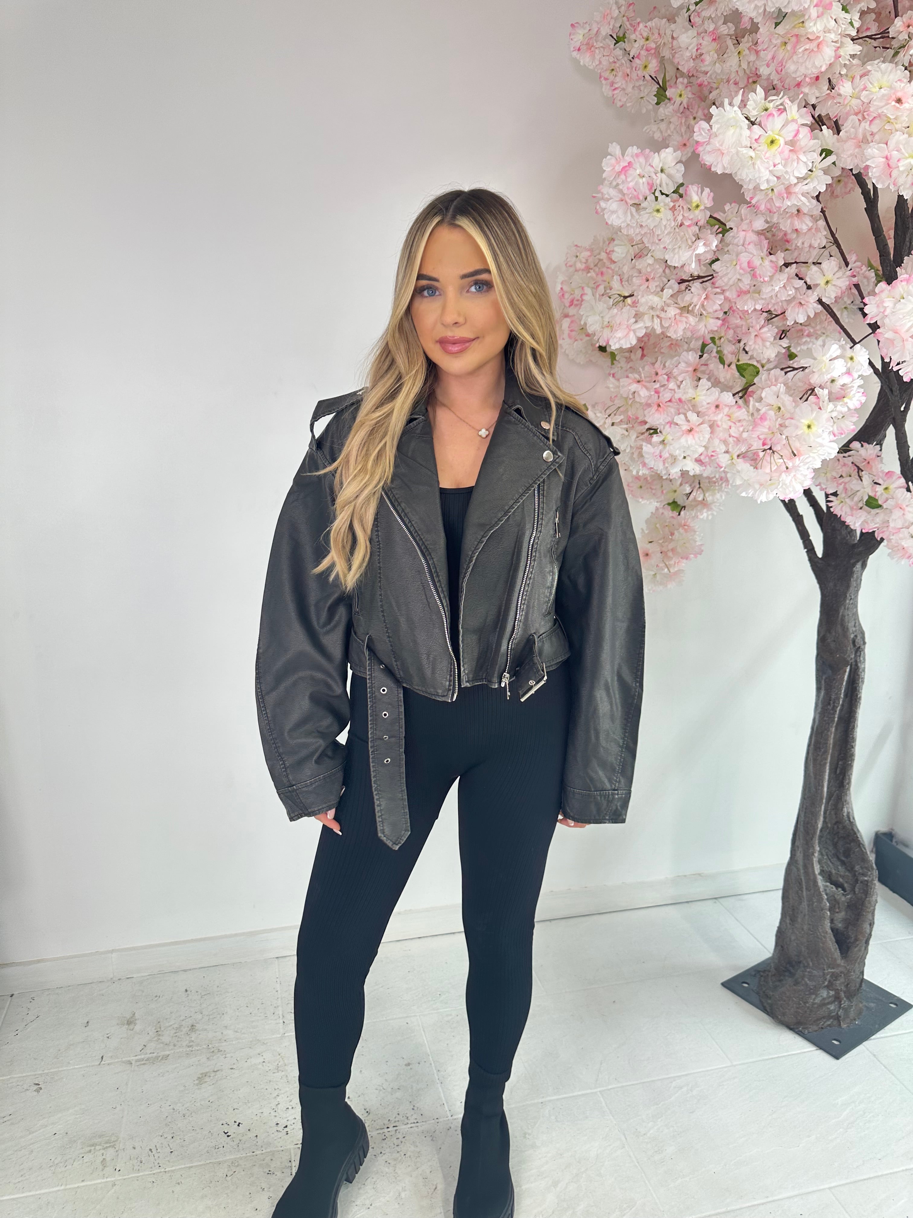 Faux leather belted jacket - black