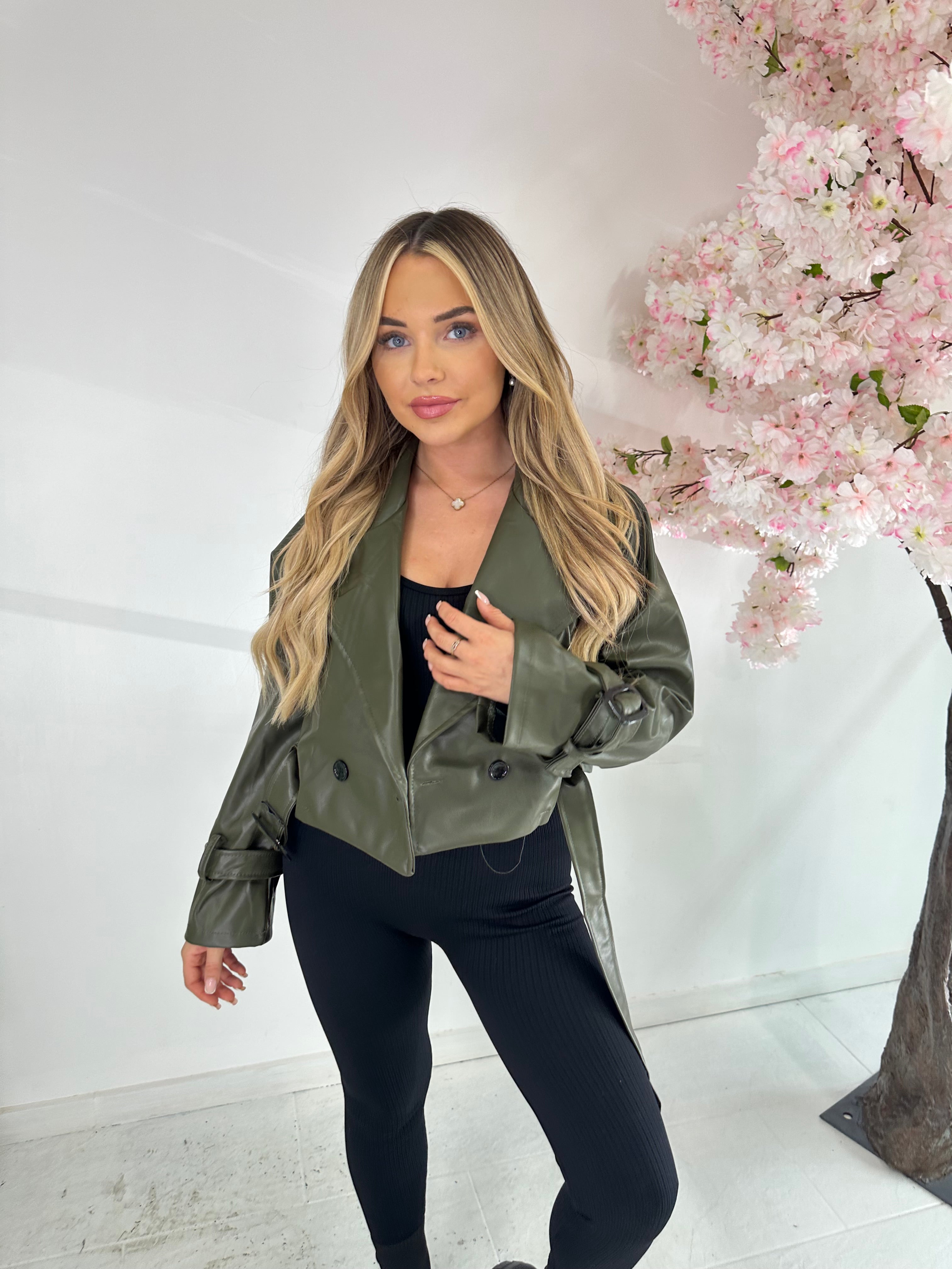 PU leather trench jacket - khaki