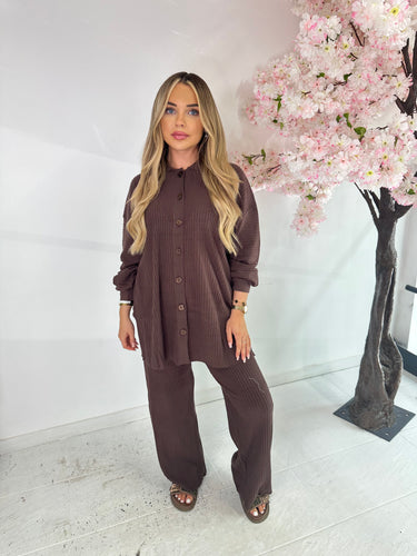 Oversized ribbed loungewear set - brown