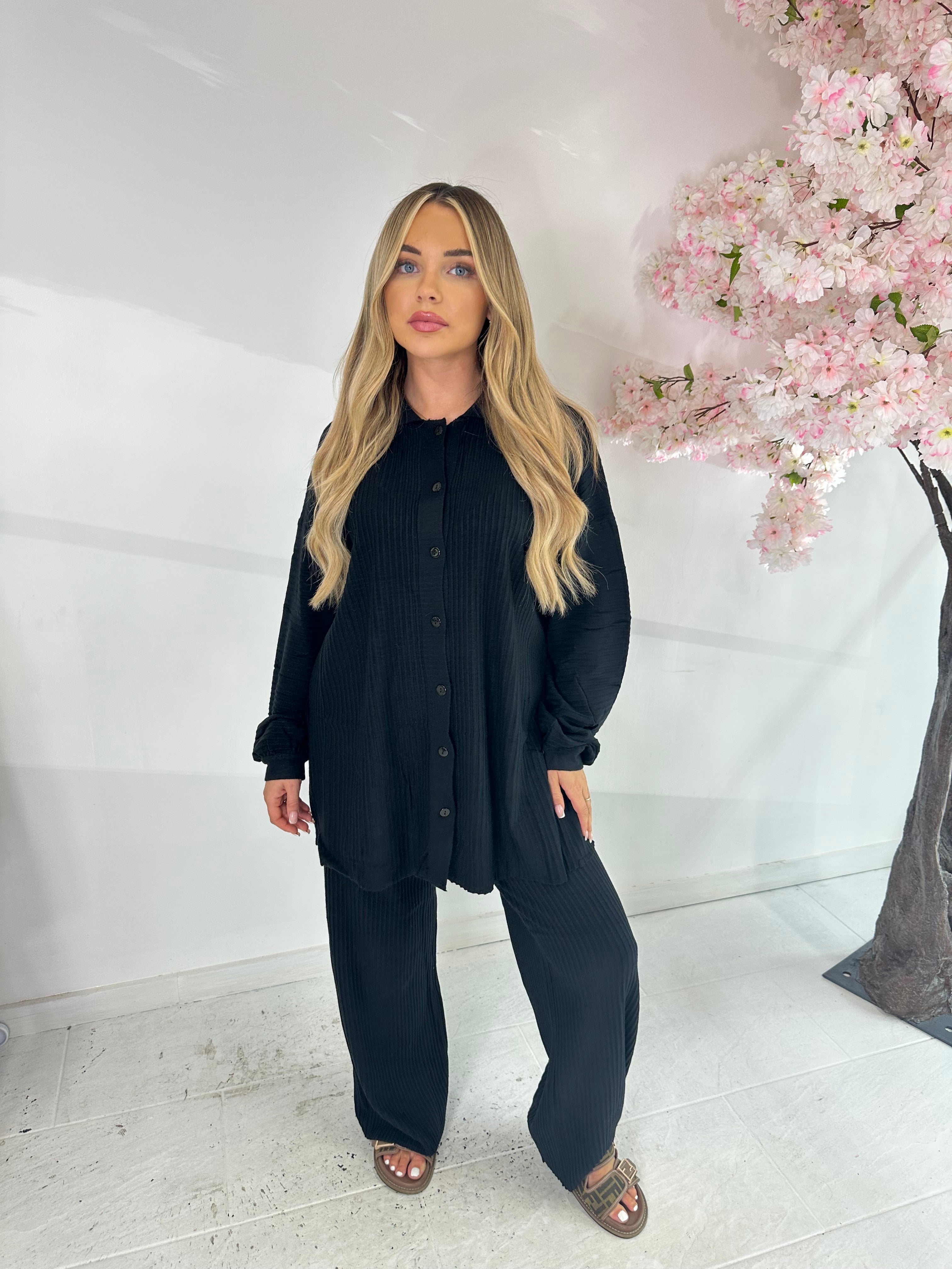 Oversized ribbed loungewear set - black