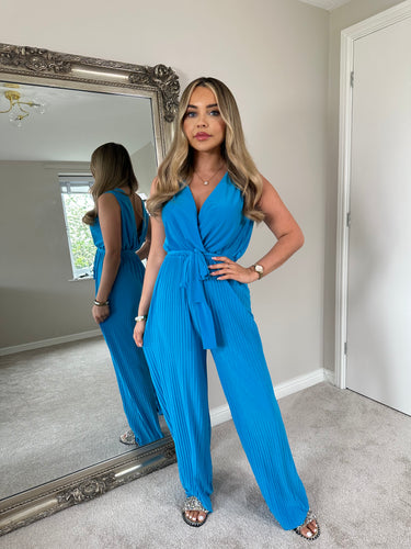 KATE PLEATED JUMPSUIT - AQUA BLUE