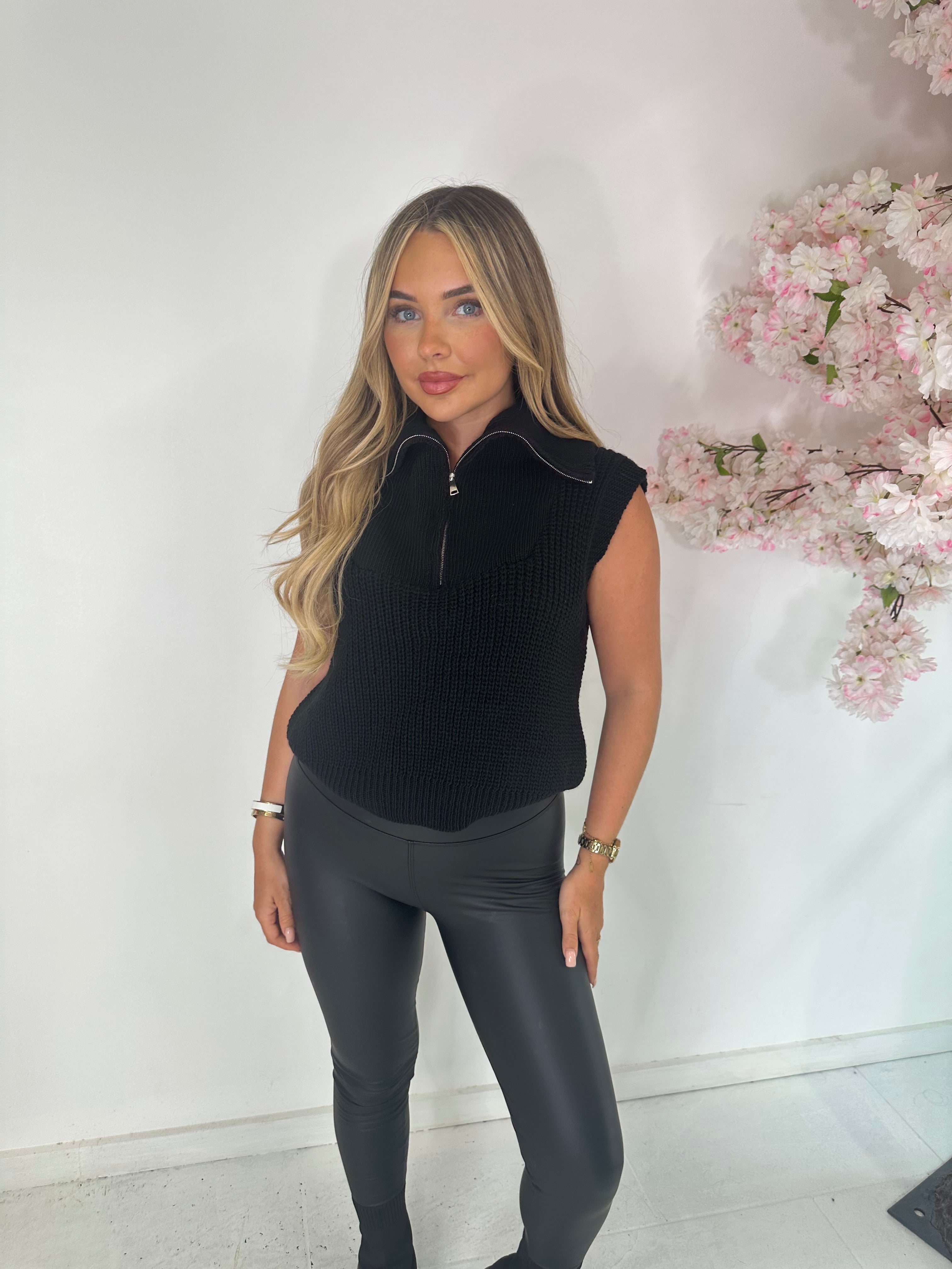 Half zip knit top - black