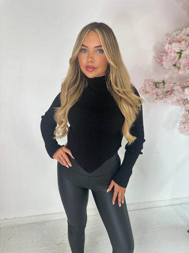 v long sleeve knit top - black