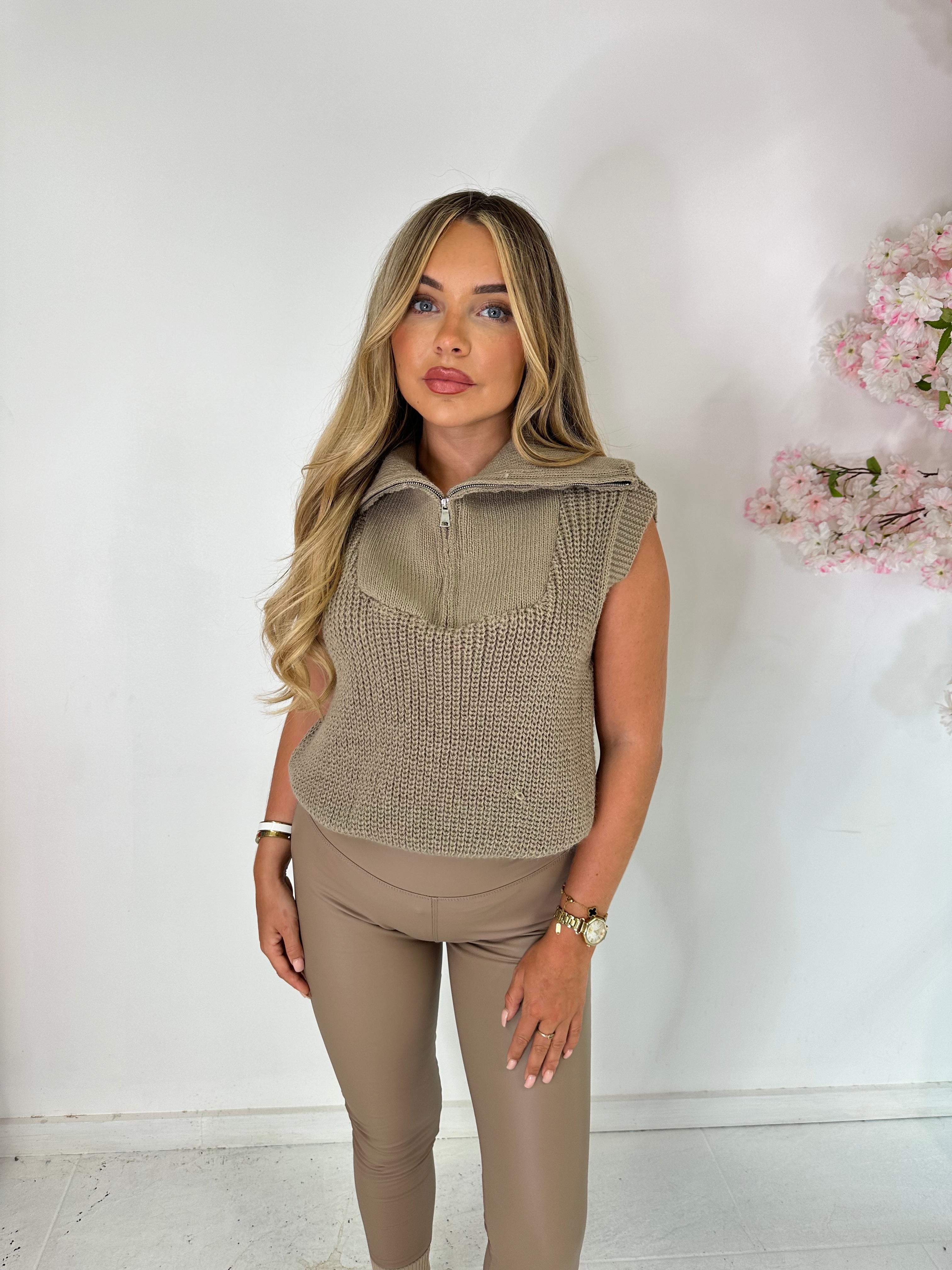 Half zip knit top - taupe