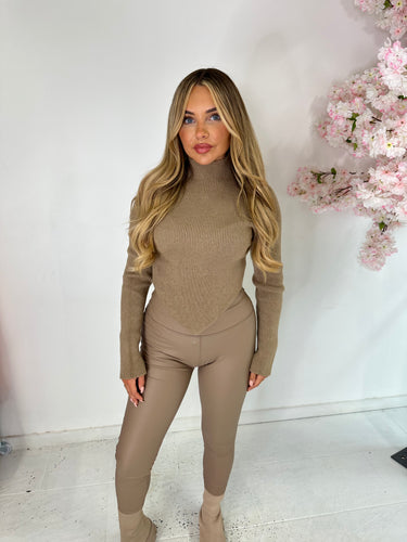 v long sleeve knit top - taupe