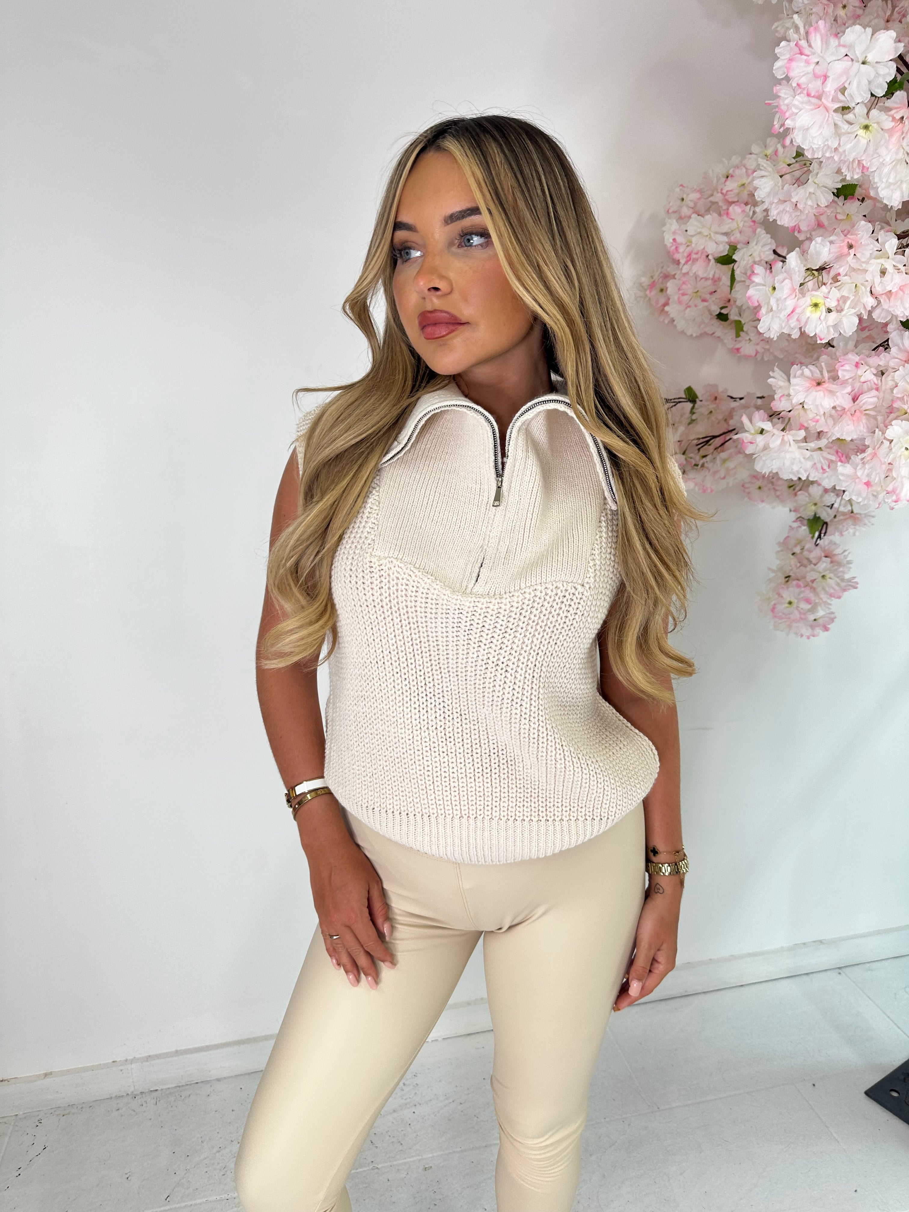 Half zip knit top - cream