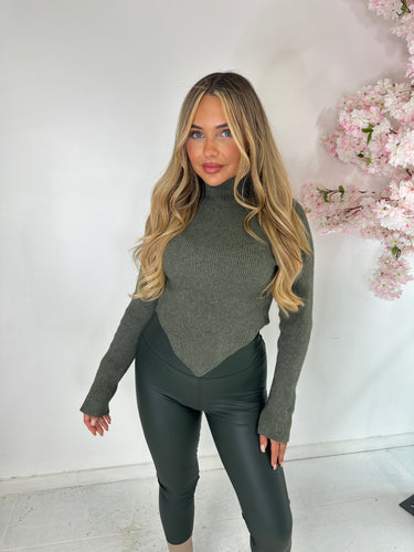 v long sleeve knit top - khaki