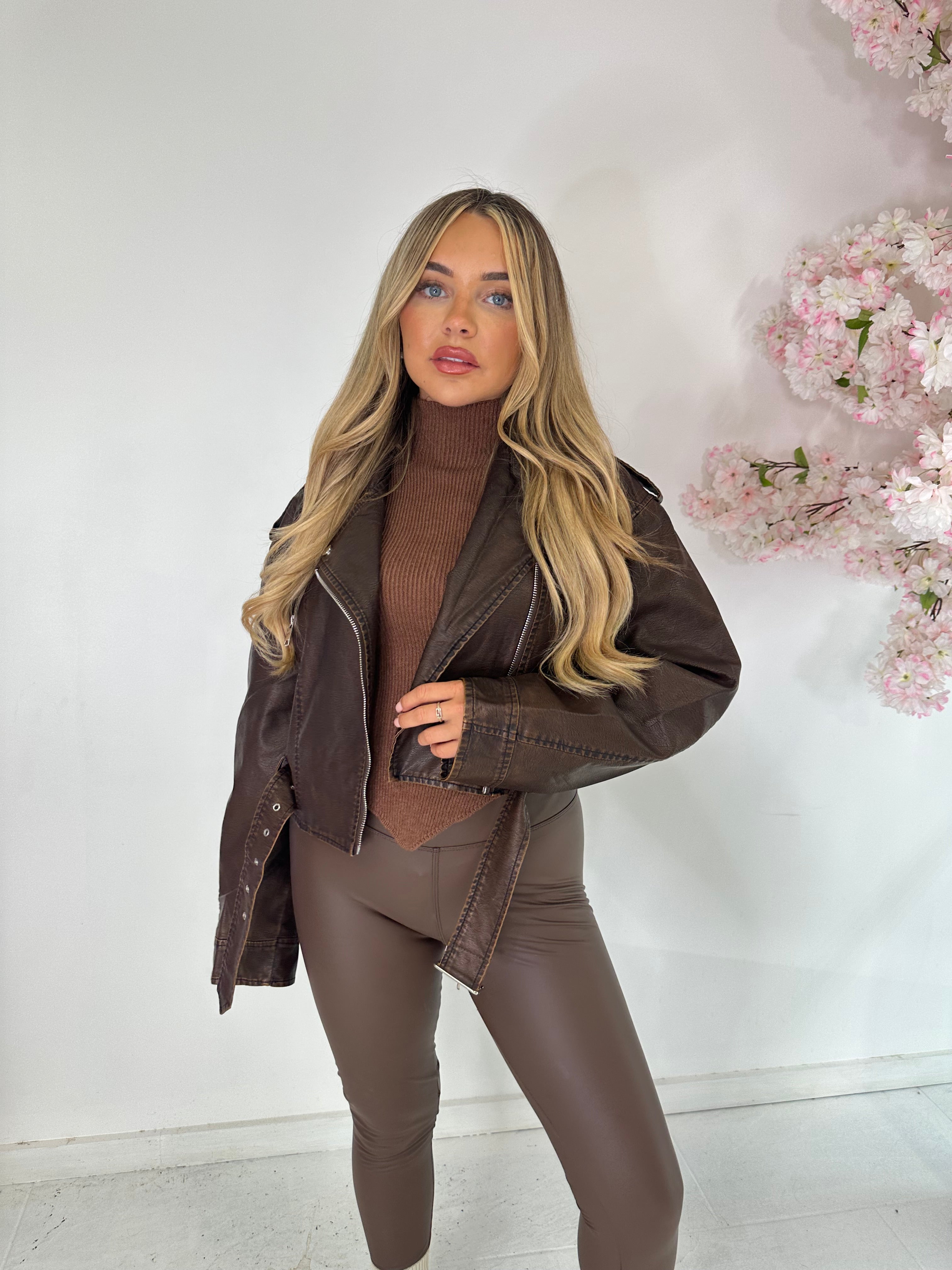 Faux leather belted jacket - brown