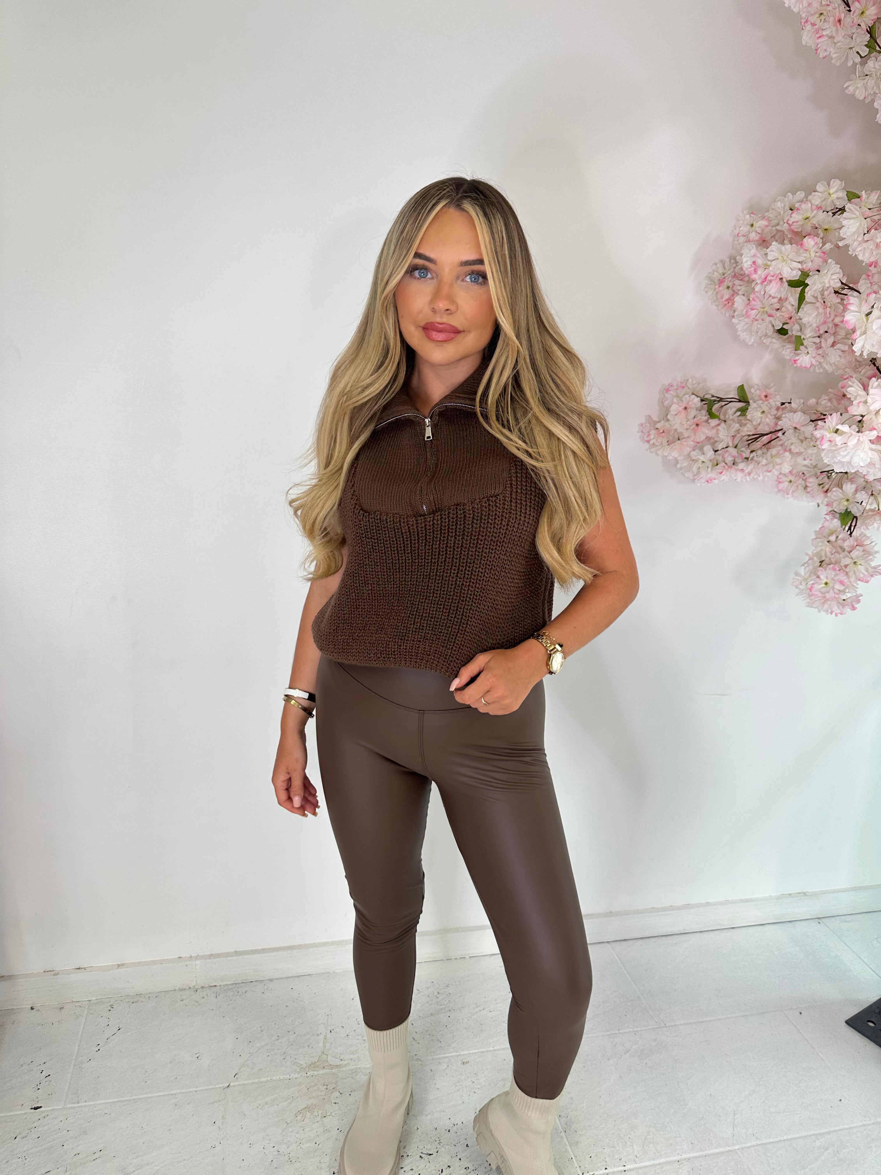 Half zip knit top - brown