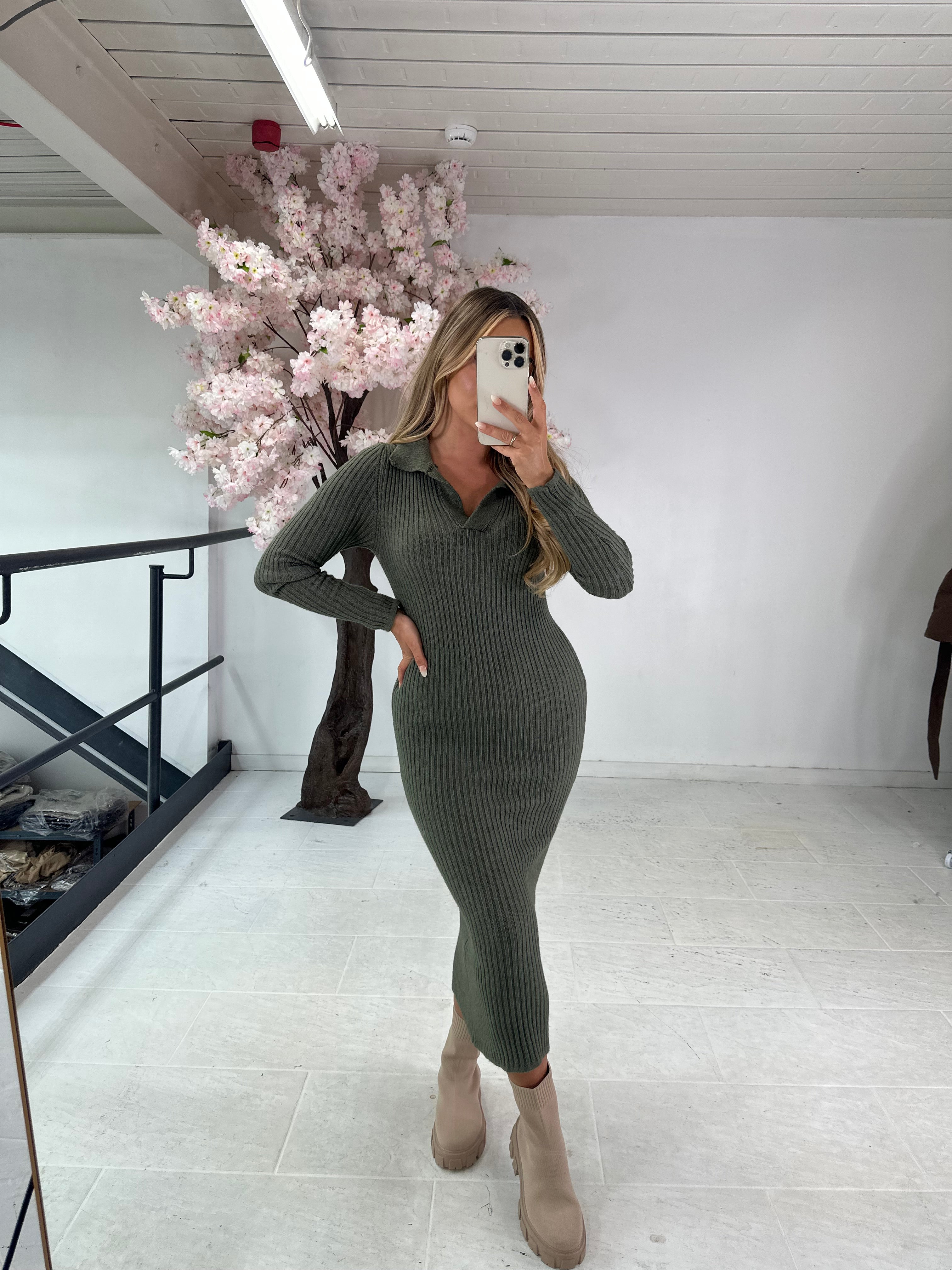 Knit midi dress - khaki