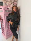 Faux Leather Belted Funnel Neck Jacket
