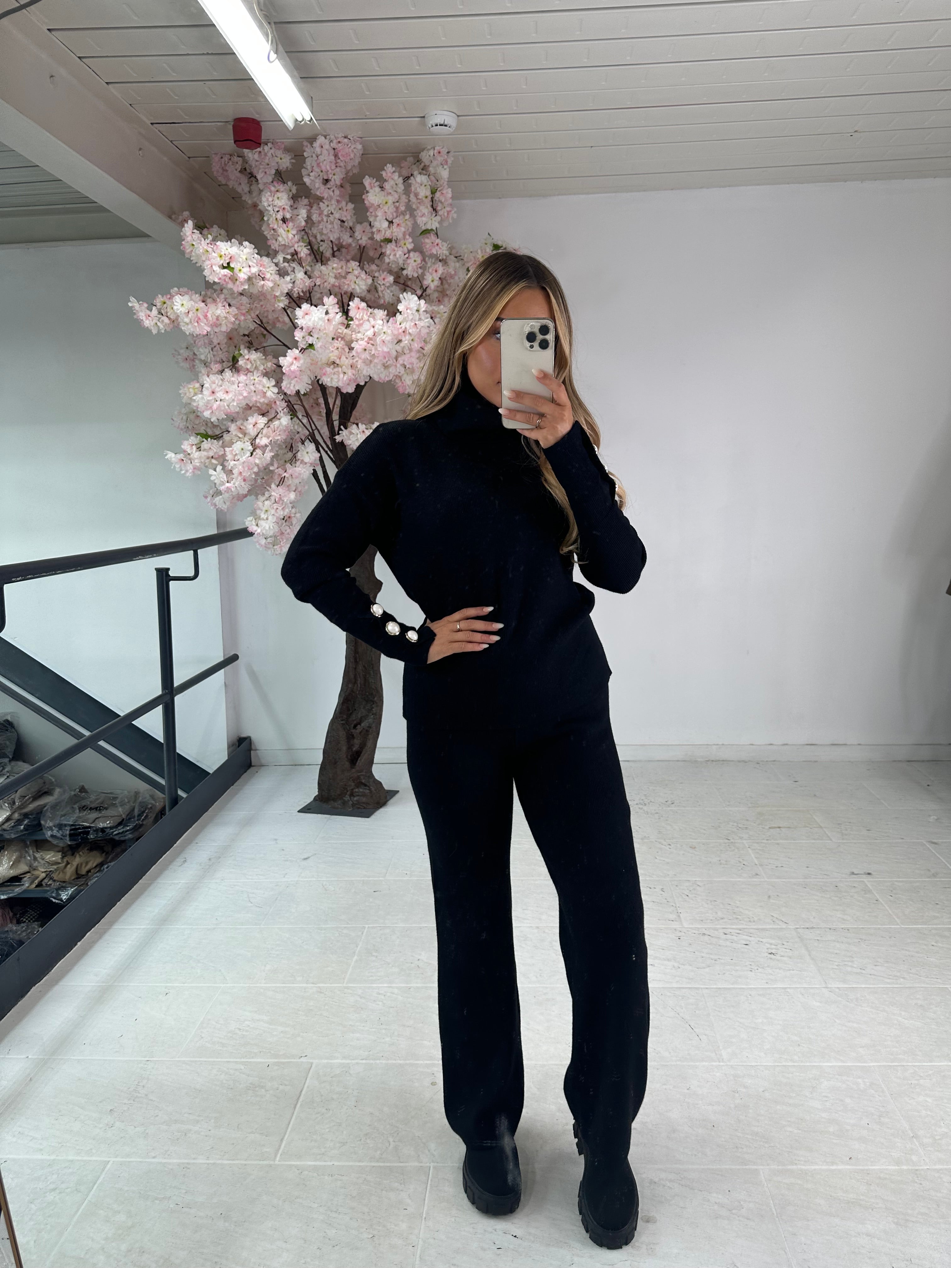Roll neck wide leg button lounge set - black