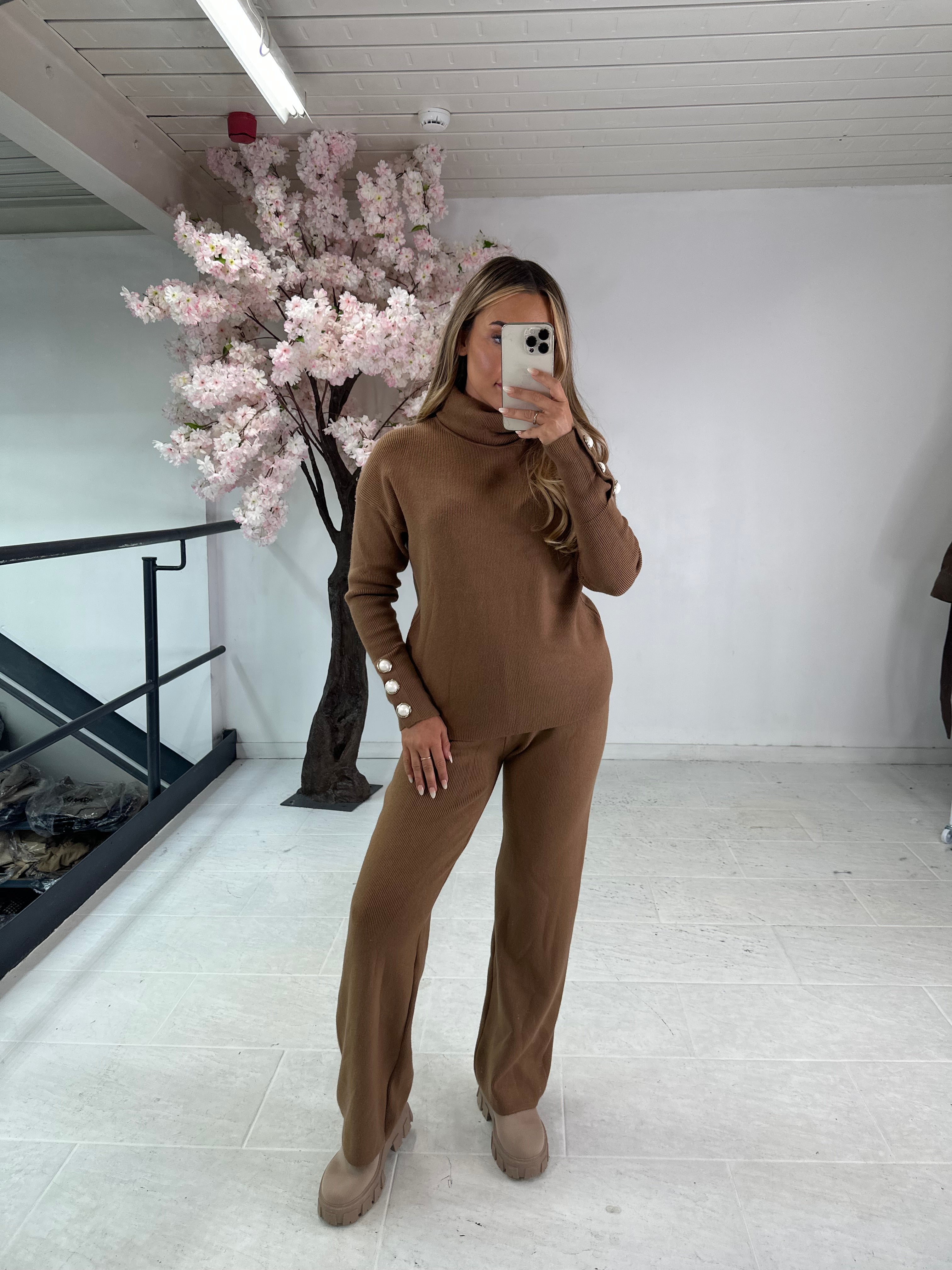 Roll neck wide leg button lounge set - brown