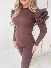 Long sleeve button frill lounge set - brown