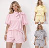 PUFF SLEEVE STRIPE BOW SHORT SET