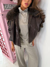 Oversized Leather-Look Jacket with Faux Fur Collar & Quilted Lining