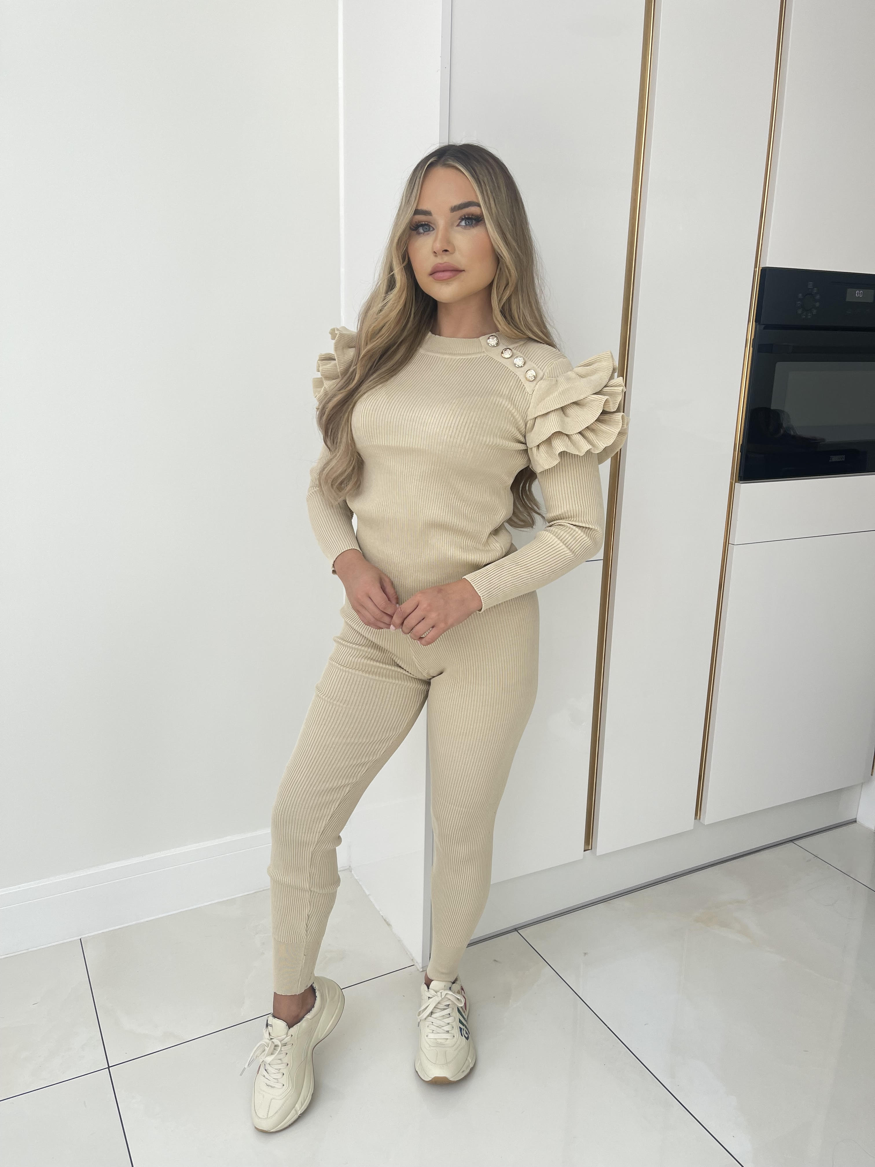 Long sleeve button frill lounge Set - beige