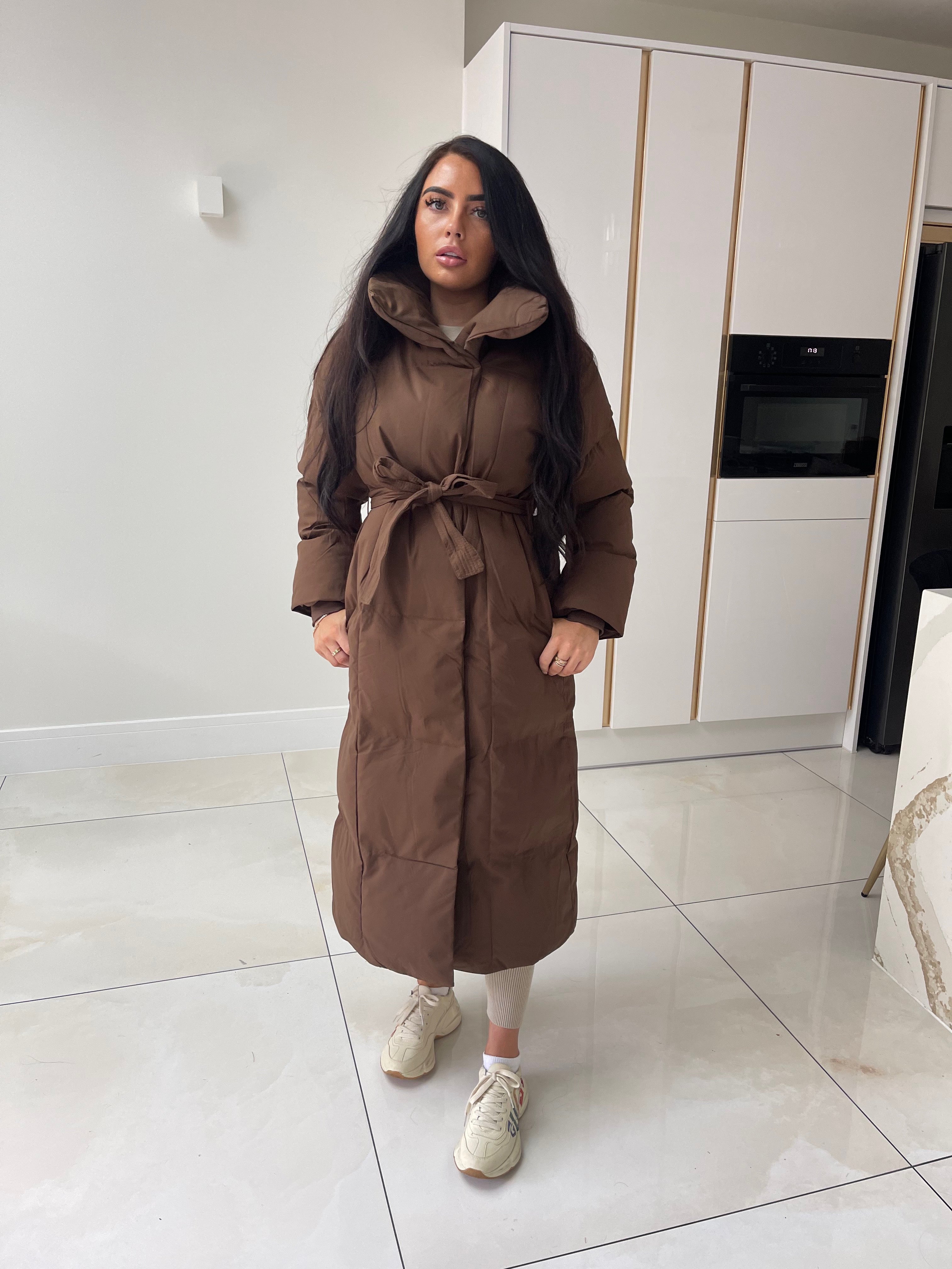 Extra Long Belted Coat - Brown