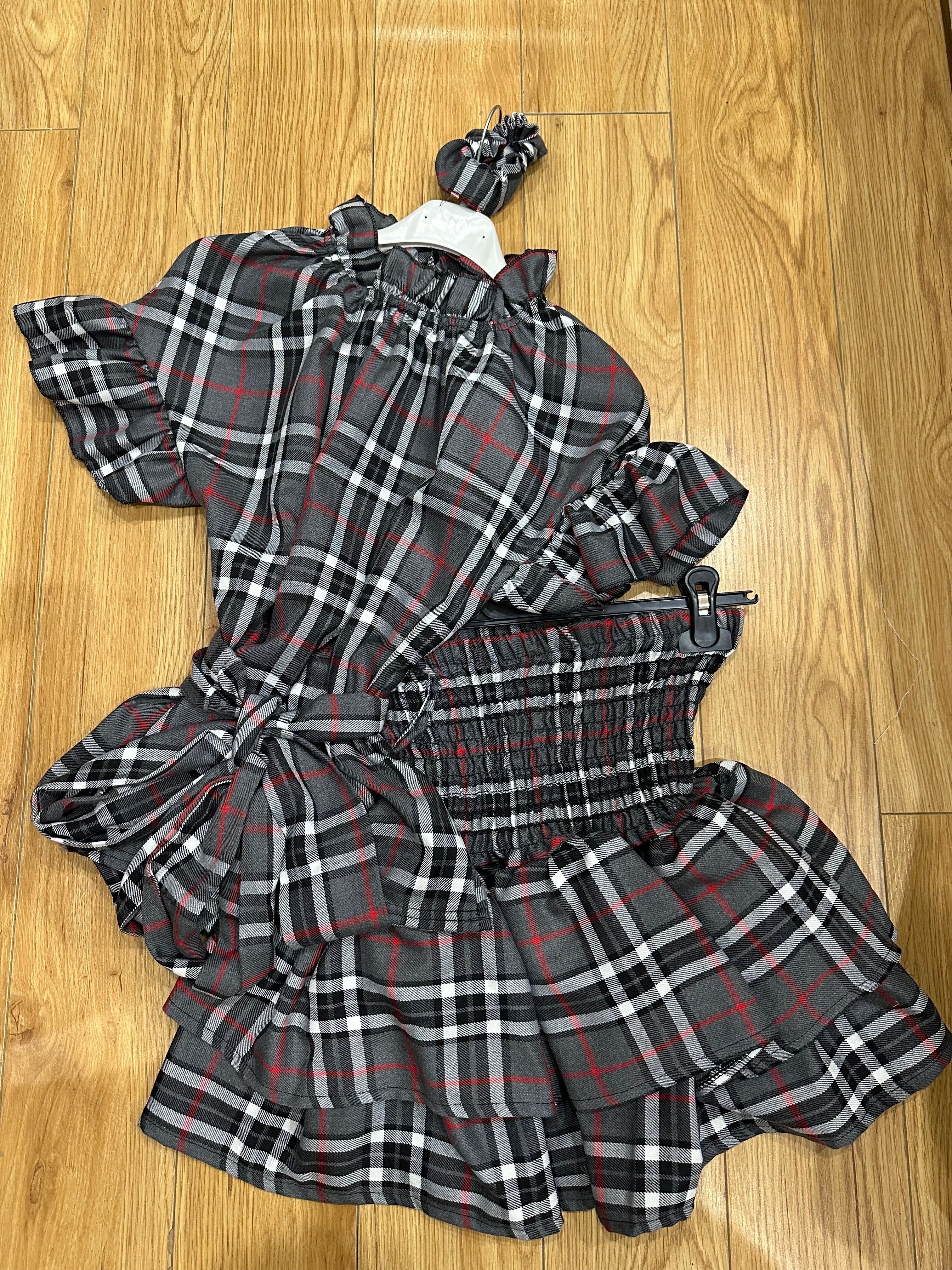 Tartan Bow Skirt Set - Grey