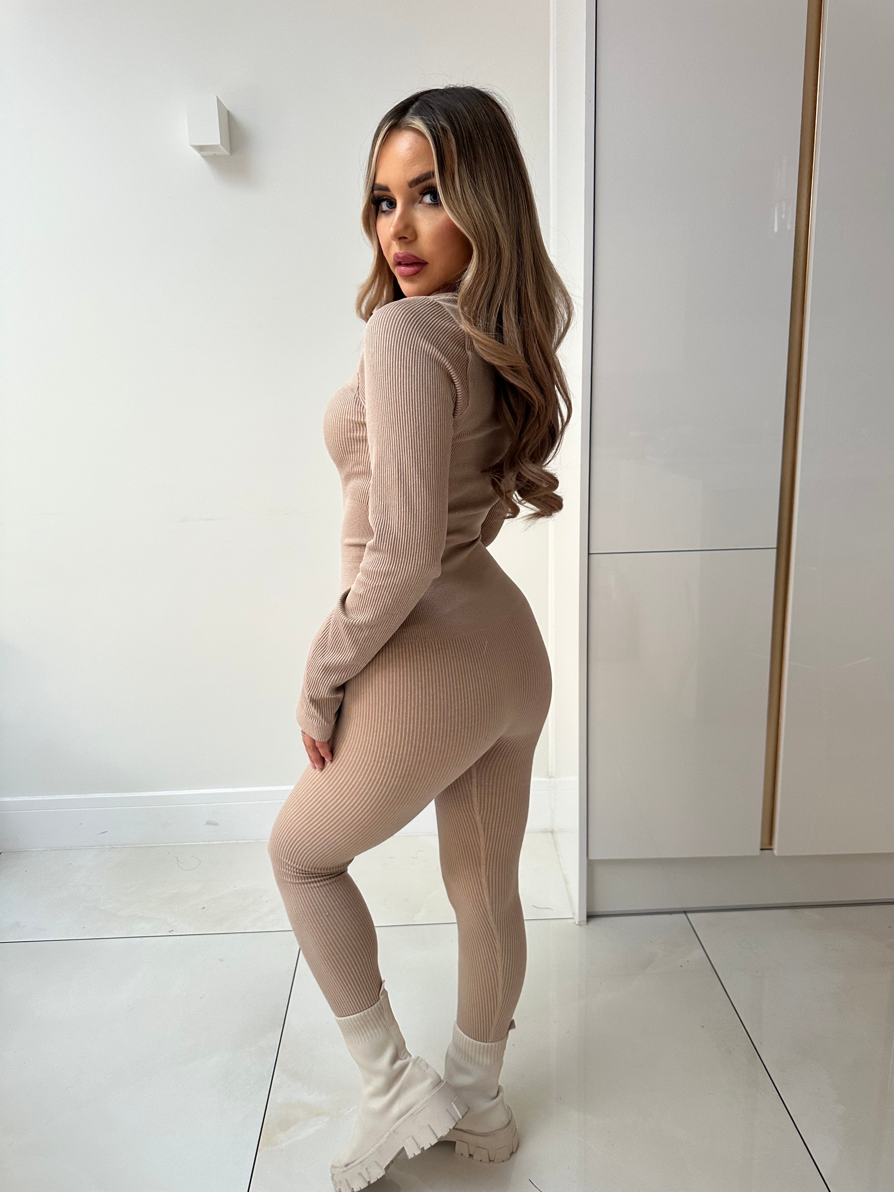 Long Sleeve Ribbed Unitard - Beige