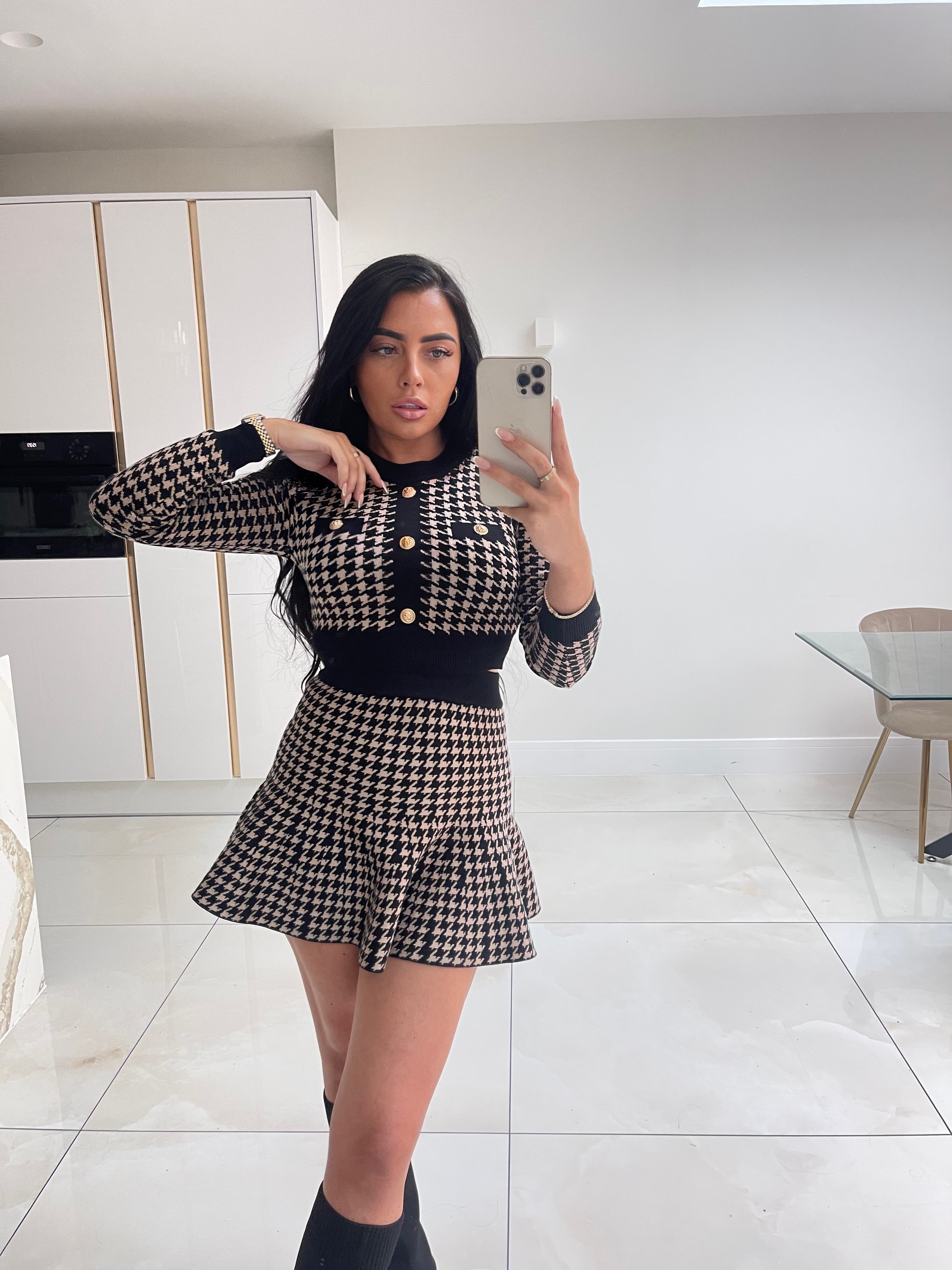 Dogtooth Gold Button Skirt Set - Tan