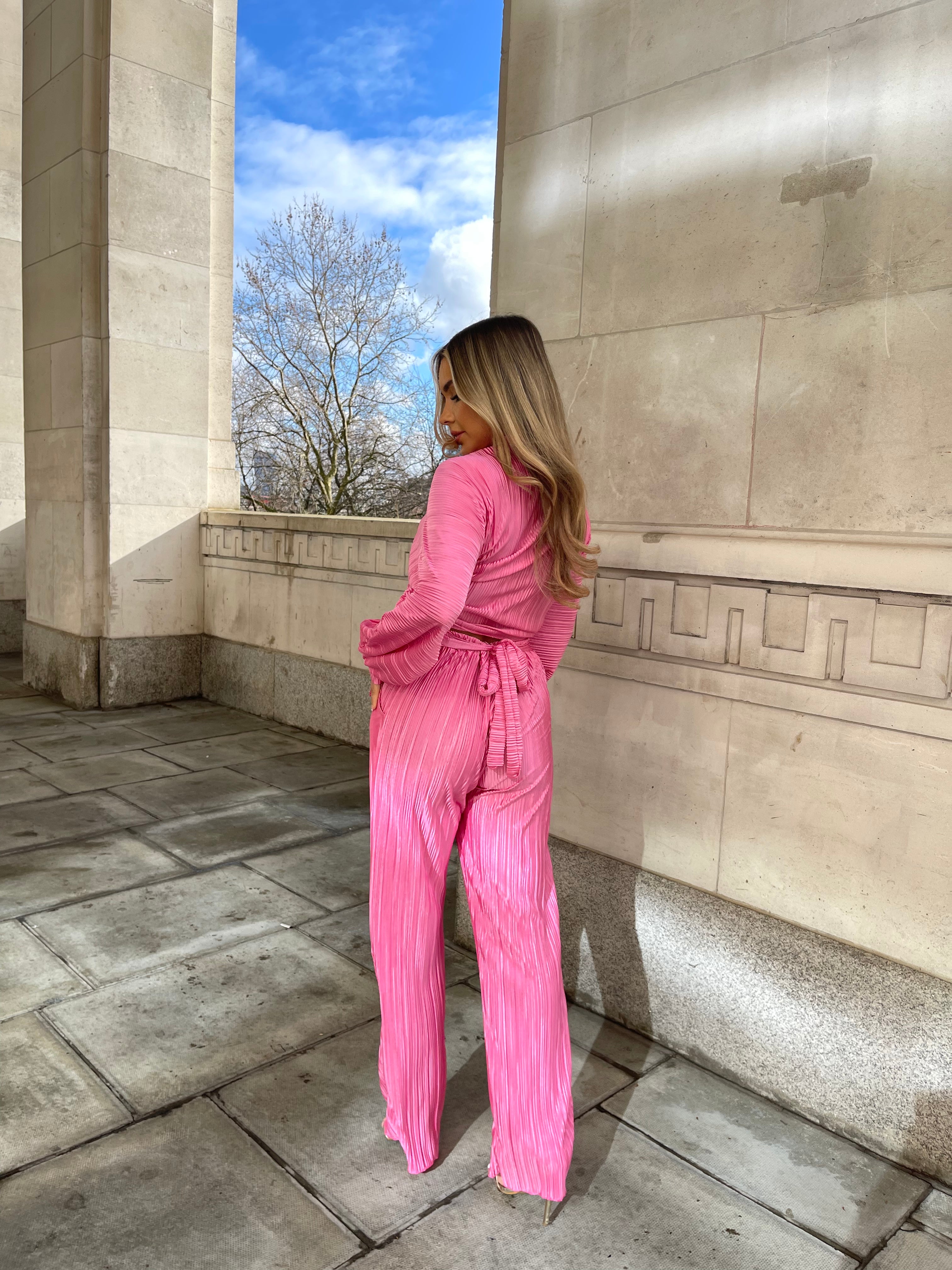 crinkle tie up trouser two piece - pink