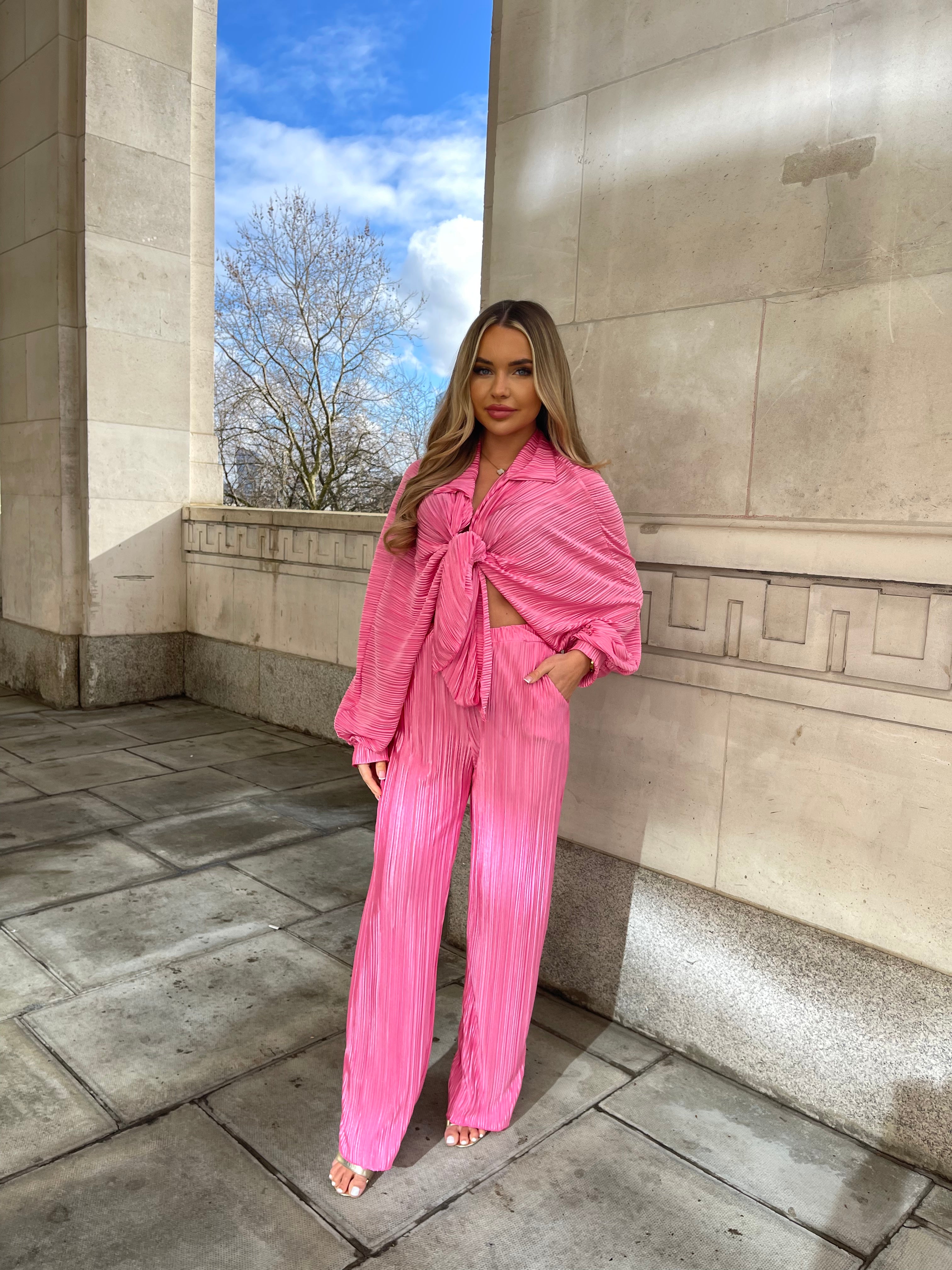crinkle tie up trouser two piece - pink