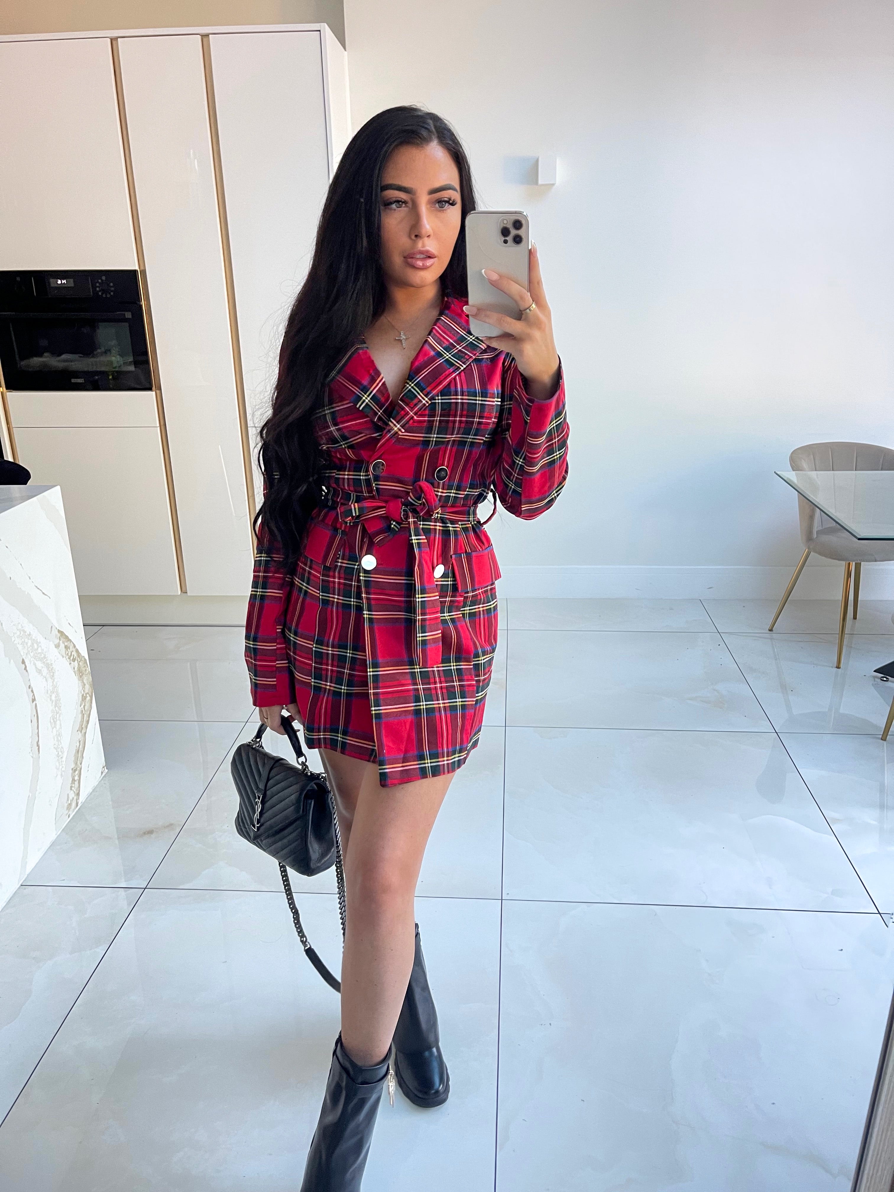 Gold Button Tartan Blazer Dress