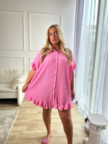 Oversized Gold Button Crinkle Dress - Pink