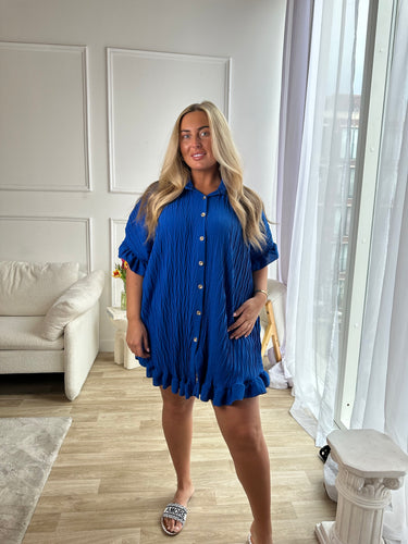 Oversized Gold Button Crinkle Dress - Royal Blue