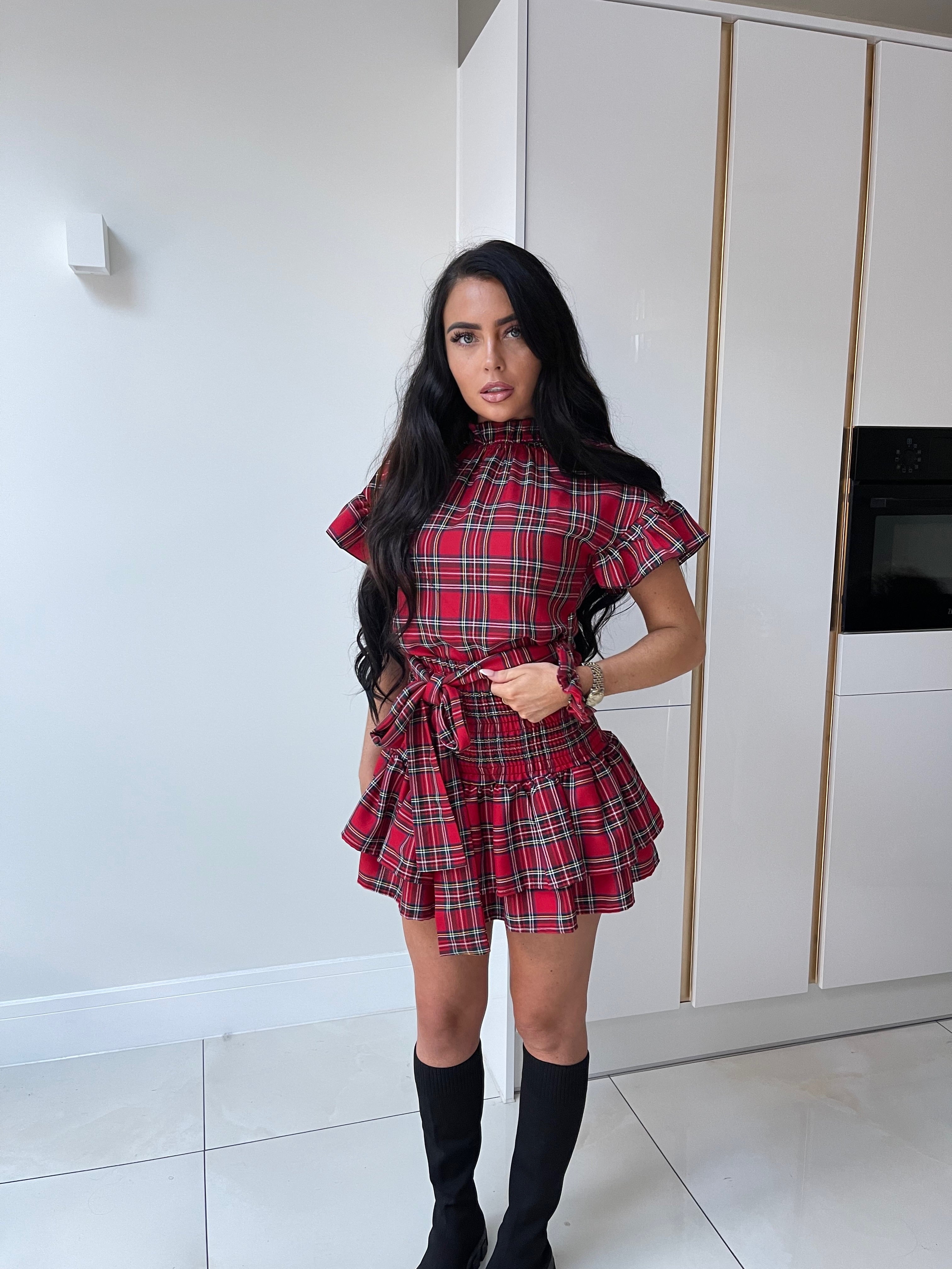 Tartan Bow Skirt Set - Red