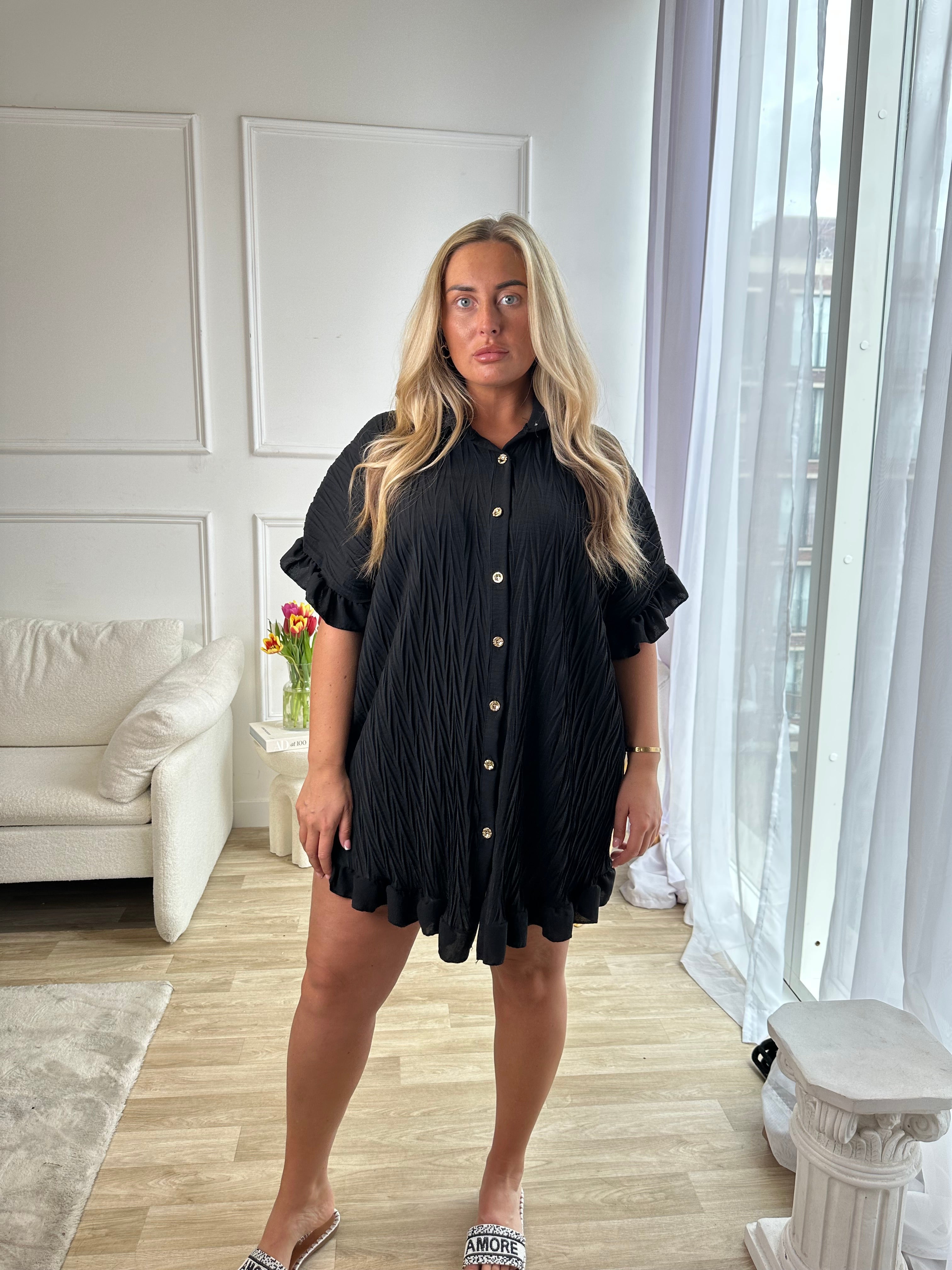 Oversized Gold Button Crinkle Dress - black